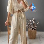 كراپ گره اي و شلوار اورجينال ترك طرح گل يخ
