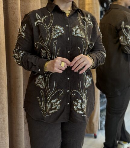 شومیز شلوار کار شده طرح گل